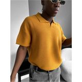 Elku Moda Premium V Yaka Örme Polo Tişört Erkek Oversize Triko Üst Old Money Stil Rahat Kesim Dokulu Yazlık Italyan Yaka Tişört - Hardal Sarısı