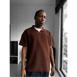 Elku Moda Premium V Yaka Örme Polo Tişört Erkek Oversize Triko Üst Old Money Stil Rahat Kesim Dokulu Yazlık Italyan Yaka Tişört - Kahverengi