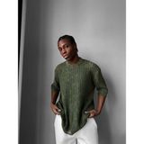 Elku Moda Retro Oversize Eskitme Detaylı Fitilli Triko Tişört Vintage Yıkamalı Kısa Kollu Knitwear T-Shirt - Haki - XL