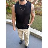 Elku Moda T-Shirt Pamuklu Fileli Tişört Oversize Tshirt Sıfır Kol Tişört Atlet - Siyah