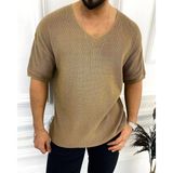 Elku Moda Tişört Örme Triko Tişört Nefes Alabilen Terletmez Oversize Bol Kesim Salaş T-Shirt - Kahverengi