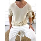 Elku Moda Tişört Örme Triko Tişört Nefes Alabilen Terletmez Oversize Bol Kesim Salaş T-Shirt - Krem