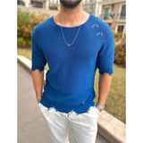 Elku Moda Yırtık Detaylı Tişört Lazer Kesim Tshirt Oversize Salaş Bisiklet Yaka Tişört - Koyu Mavi