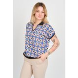 ELLA CAMELIA Kadın Desenli Polo Yaka Beli ve Kolları Lastikli Bluz 24E107 Mavi