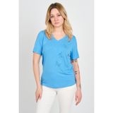 Ella Camelia Kadın Kelebek Şekilli Taş Süslemeli V Yaka Kısa Kollu Bluz 24E047 Mavi - XL