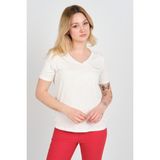 Ella Camelia Kadın Simli Süs Cepli V Yaka Kısa Kollu Bluz 24E038 Ekru - XL