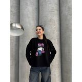 Ella Stylee Ayıcık Işlemeli Siyah Oversize Kazak - Standart - 000-Siyah