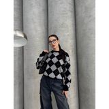 Ella Stylee Oversize Baklava Desenli Triko Kazak - Standart - 000-Siyah