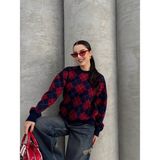 Ella Stylee Oversize Baklava Desenli Triko Kazak - Standart - 02L-Lacivert