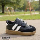 Ellaboni Günlük Unisex Çocuk Şeritli Siyah Beyaz Işıklı Sneaker Cırtlı Hafif Rahat Spor Ayakkabı - Siyah - Beyaz