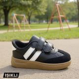 Ellaboni Günlük Unisex Çocuk Şeritli Siyah Beyaz Işıklı Sneaker Cırtlı Hafif Rahat Spor Ayakkabı