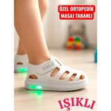 Ellaboni Işıklı Cırt Cırtlı Kız Çocuk Beyaz Yumuşak Ortopedik Taban Spor Sandalet Terlik
