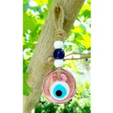 ella'nın çarşısı Pembe Renk 5 cm çapında Asmalı İpli Nazarlı Cam Nazar Boncuğu El Yapımı Duvar Dekoru .1 Adet.