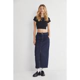 Elle Yüksek Bel Yırtmaçlı Midi Jeans Etek - Koyu Mavi - 42