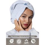 Ellia Soft Marcella %100 Pamuk Saç Kurutma Bonesi Lastikli ve Düğmeli Havlu Bone Açık Mavi - Standart