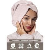 Ellia Soft Marcella %100 Pamuk Saç Kurutma Bonesi Lastikli ve Düğmeli Havlu Bone Pembe - Standart