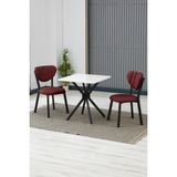 Elma Modeli Kare Mutfak Masa Sandalye Takımı, 2 Sandalye 1 Sabit Beyaz Masa 70X70 Cm, Keten Kumaş - Bordo