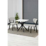 Elma Modeli Kare Mutfak Masa Sandalye Takımı, 2 Sandalye 1 Sabit Beyaz Masa 70X70 Cm, Keten Kumaş - Krem
