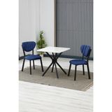 Elma Modeli Kare Mutfak Masa Sandalye Takımı, 2 Sandalye 1 Sabit Beyaz Masa 70X70 Cm, Keten Kumaş - Lacivert