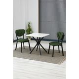 Elma Modeli Kare Mutfak Masa Sandalye Takımı, 2 Sandalye 1 Sabit Beyaz Masa 70X70 Cm, Keten Kumaş - Yeşil