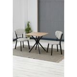 Elma Modeli Kare Mutfak Masa Sandalye Takımı, 2 Sandalye 1 Sabit Ceviz Masa 70X70 Cm, Keten Kumaş - Krem