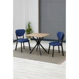 Elma Modeli Kare Mutfak Masa Sandalye Takımı, 2 Sandalye 1 Sabit Ceviz Masa 70X70 Cm, Keten Kumaş - Lacivert