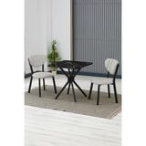 Elma Modeli Kare Mutfak Masa Sandalye Takımı 2 Sandalye 1 Siyah Mermer Desen Masa 70X70 Keten Kumaş - Krem - 70x70 cm