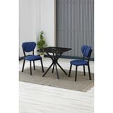 Elma Modeli Kare Mutfak Masa Sandalye Takımı 2 Sandalye 1 Siyah Mermer Desen Masa 70X70 Keten Kumaş - Lacivert - 70x70 cm
