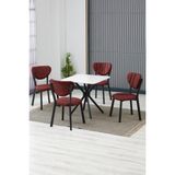 Elma Modeli Kare Mutfak Masa Sandalye Takımı, 4 Sandalye 1 Sabit Beyaz Masa 70X70 Cm, Keten Kumaş - Bordo