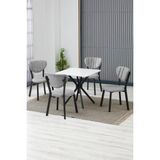 Elma Modeli Kare Mutfak Masa Sandalye Takımı, 4 Sandalye 1 Sabit Beyaz Masa 70X70 Cm, Keten Kumaş - Gri