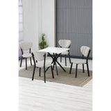 Elma Modeli Kare Mutfak Masa Sandalye Takımı, 4 Sandalye 1 Sabit Beyaz Masa 70X70 Cm, Keten Kumaş - Krem