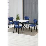 Elma Modeli Kare Mutfak Masa Sandalye Takımı, 4 Sandalye 1 Sabit Beyaz Masa 70X70 Cm, Keten Kumaş - Lacivert