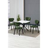 Elma Modeli Kare Mutfak Masa Sandalye Takımı, 4 Sandalye 1 Sabit Beyaz Masa 70X70 Cm, Keten Kumaş - Yeşil