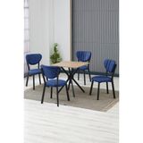 Elma Modeli Kare Mutfak Masa Sandalye Takımı, 4 Sandalye 1 Sabit Ceviz Masa 70X70 Cm, Keten Kumaş - Lacivert