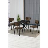 Elma Modeli Kare Mutfak Masa Sandalye Takımı 4 Sandalye 1 Siyah Mermer Desen Masa 70X70 Keten Kumaş - Kahverengi - 70x70 cm
