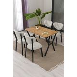 Elma Modeli Masa Sandalye Takımı, 4 Sandalye 1 Sabit Ceviz Masa 110 x 70 cm , Keten Kumaş - Krem - 110 x 70 cm