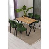 Elma Modeli Masa Sandalye Takımı, 4 Sandalye 1 Sabit Ceviz Masa 110 x 70 cm , Keten Kumaş - Yeşil - 110 x 70 cm