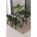 Elma Modeli Masa Sandalye Takımı, 4 Sandalye 1 Sabit Siyah Mermer Desen Masa 110 x 70 cm , Keten Kumaş - Yeşil - 110 x 70 cm