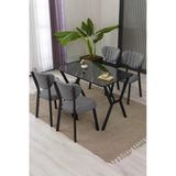 Elma Modeli Masa Sandalye Takımı, 4 Sandalye 1 Sabit Siyah Mermer Desen Masa 110X70 Cm, Keten Kumaş