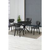 Elma Modeli Yuvarlak Mutfak Masa Sandalye Takımı 4 Sandalye 1 Siyah Mermer Desen Masa 90X90 Keten Kumaş - Antrasit - 90x90 cm
