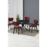 Elma Modeli Yuvarlak Mutfak Masa Sandalye Takımı 4 Sandalye 1 Siyah Mermer Desen Masa 90X90 Keten Kumaş - Bordo - 90x90 cm