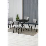 Elma Modeli Yuvarlak Mutfak Masa Sandalye Takımı 4 Sandalye 1 Siyah Mermer Desen Masa 90X90 Keten Kumaş - Gri - 90x90 cm