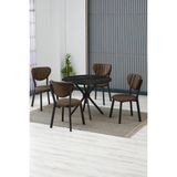 Elma Modeli Yuvarlak Mutfak Masa Sandalye Takımı 4 Sandalye 1 Siyah Mermer Desen Masa 90X90 Keten Kumaş - Kahverengi - 90x90 cm