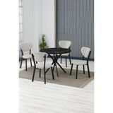 Elma Modeli Yuvarlak Mutfak Masa Sandalye Takımı 4 Sandalye 1 Siyah Mermer Desen Masa 90X90 Keten Kumaş - Krem - 90x90 cm