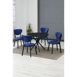Elma Modeli Yuvarlak Mutfak Masa Sandalye Takımı 4 Sandalye 1 Siyah Mermer Desen Masa 90X90 Keten Kumaş - Lacivert - 90x90 cm