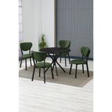 Elma Modeli Yuvarlak Mutfak Masa Sandalye Takımı 4 Sandalye 1 Siyah Mermer Desen Masa 90X90 Keten Kumaş - Yeşil - 90x90 cm