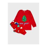 elmas kids Erkek Çocuk %100 Pamuklu Kırmızı Çam Yılbaşı Desenli Uzun Kollu Pijama Takımı