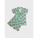 Elmas Kids Kız Çocuk %100 Pamuklu Yeşil Kedi Desenli Gömlek Yaka Düğmeli Kısa Kollu Şortlu Pijama Takımı - 5 - 6 Yaş