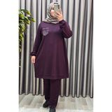 Elmas Tesettür Kadın Tesettür Giyim Büyük Beden Cebi Taş Işlmeli Ikili Takım - Mürdüm - 4XL