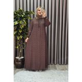 Elmas Tesettür Kadın Tesettür Giyim Büyük Beden Yarım Robalı Çıtır Desen Elbise - Kahve - 2XL